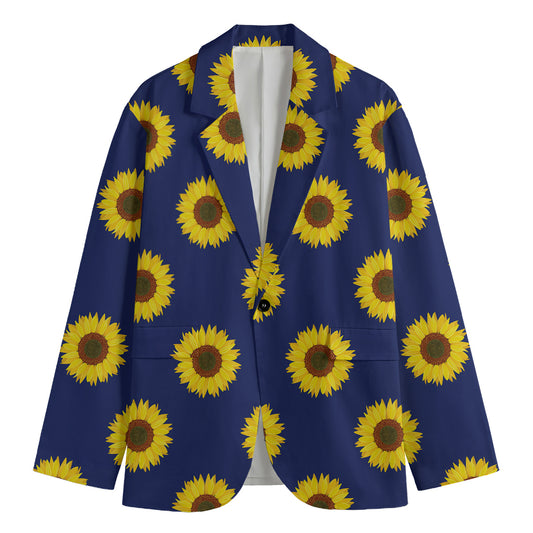 Navy Sunflower Pattern Print Men's Blazer