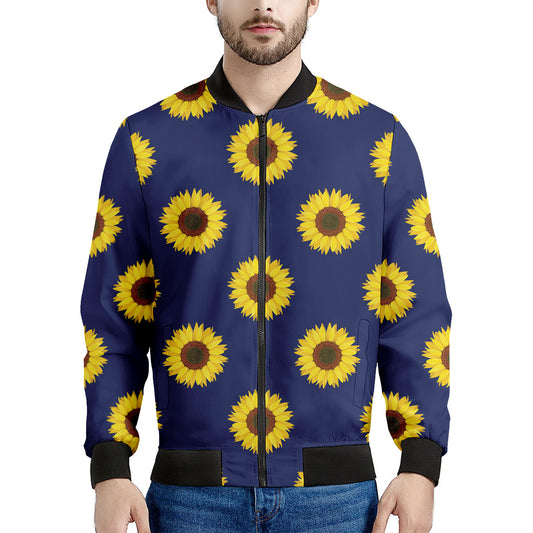 Navy Sunflower Pattern Print Men's Bomber Jacket