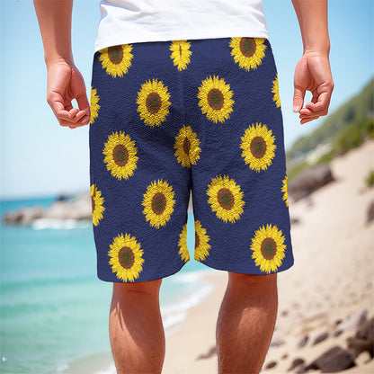 Navy Sunflower Pattern Print Men's Cargo Shorts
