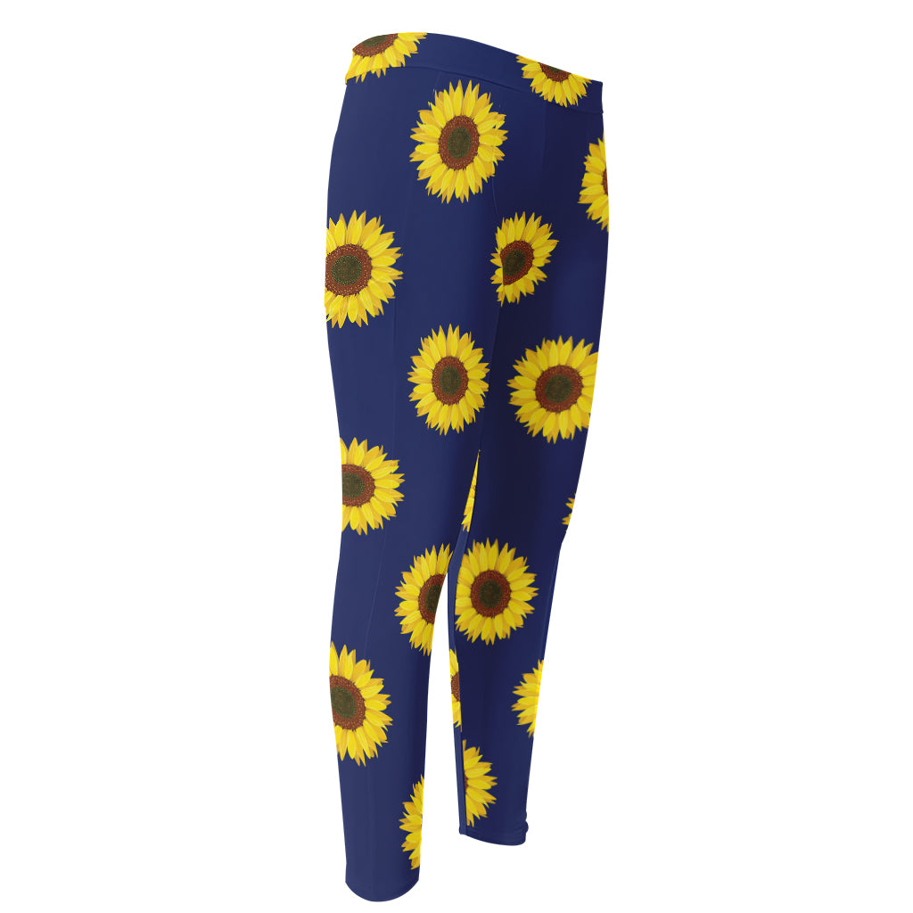 Navy Sunflower Pattern Print Men's Compression Pants