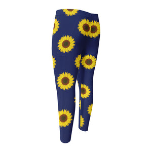 Navy Sunflower Pattern Print Men's Compression Pants