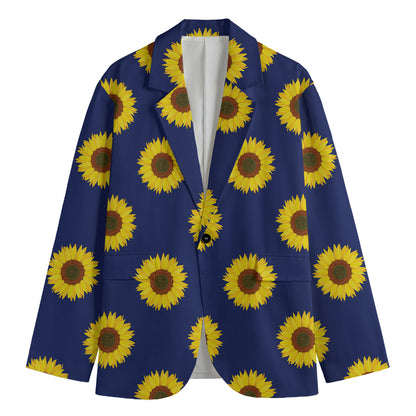 Navy Sunflower Pattern Print Men's Cotton Blazer