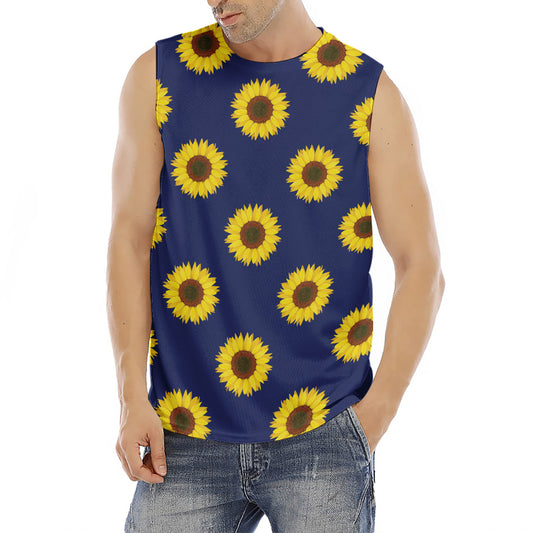 Navy Sunflower Pattern Print Men's Fitness Tank Top