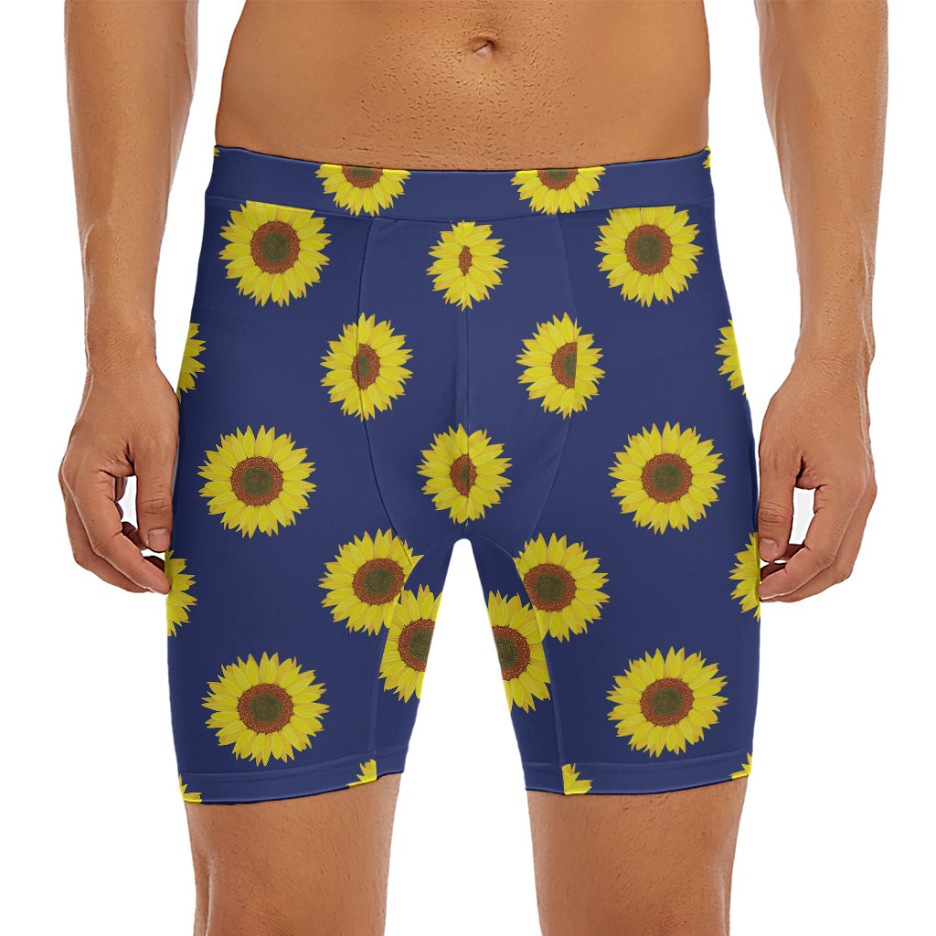 Navy Sunflower Pattern Print Men's Long Boxer Briefs