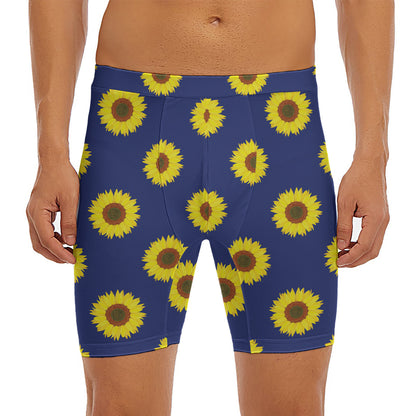 Navy Sunflower Pattern Print Men's Long Boxer Briefs