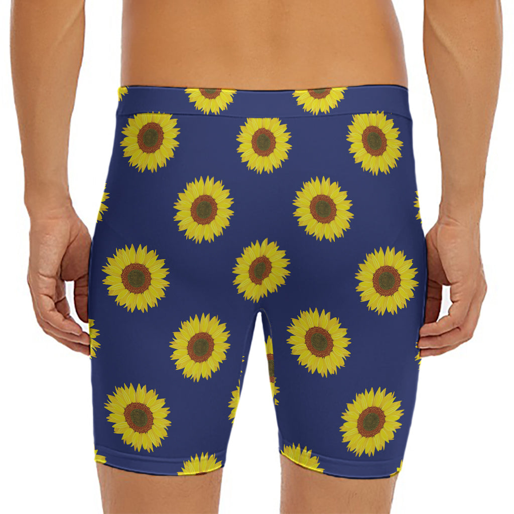 Navy Sunflower Pattern Print Men's Long Boxer Briefs