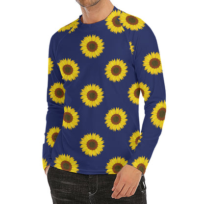 Navy Sunflower Pattern Print Men's Long Sleeve Rash Guard