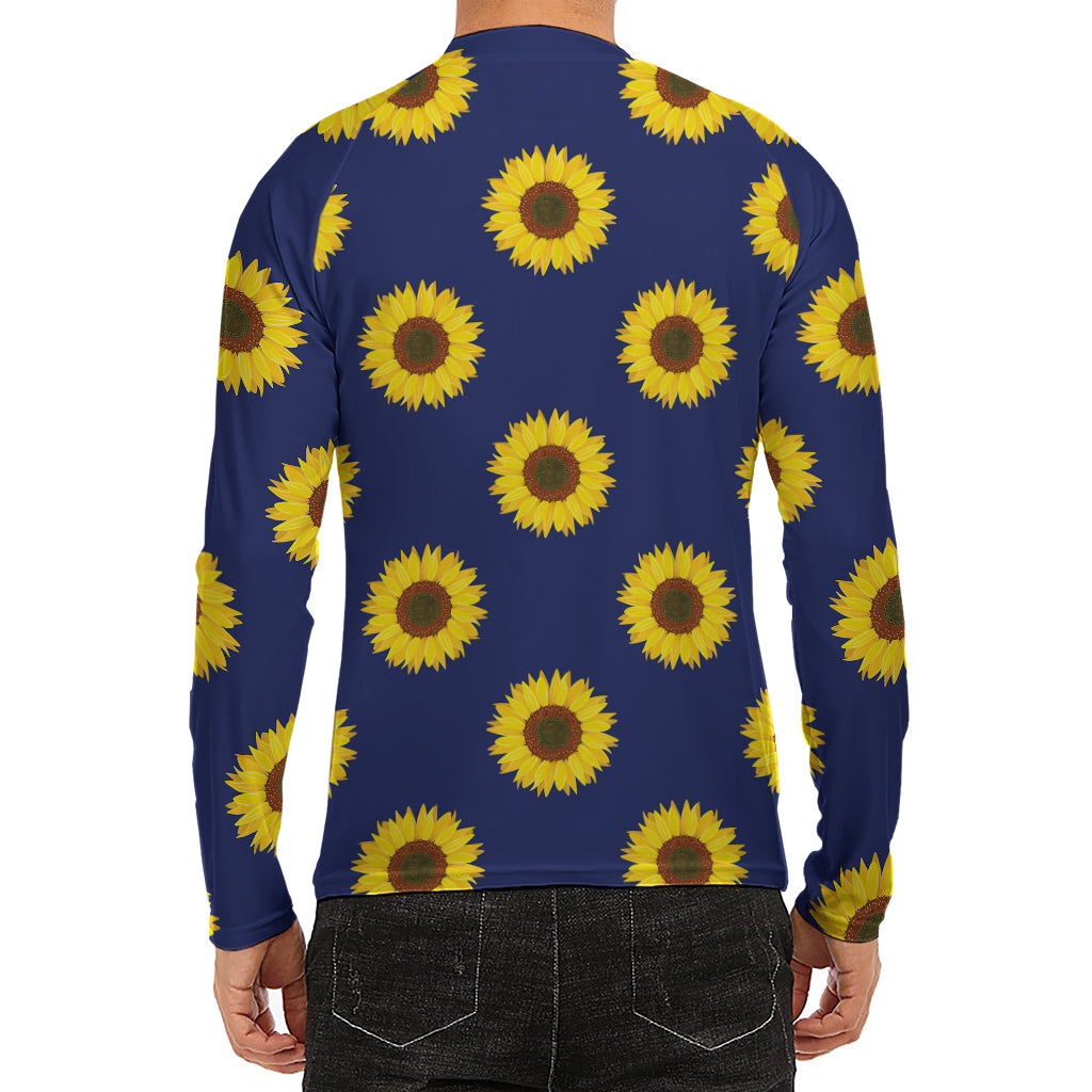Navy Sunflower Pattern Print Men's Long Sleeve Rash Guard