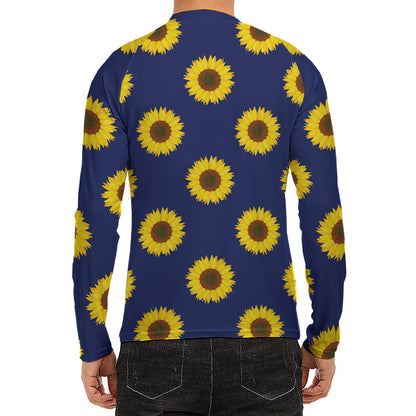 Navy Sunflower Pattern Print Men's Long Sleeve Rash Guard