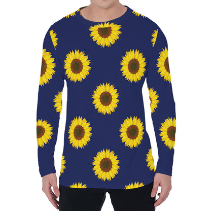 Navy Sunflower Pattern Print Men's Long Sleeve T-Shirt