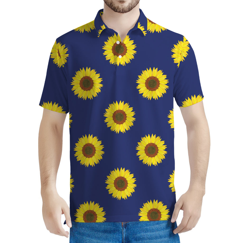 Navy Sunflower Pattern Print Men's Polo Shirt