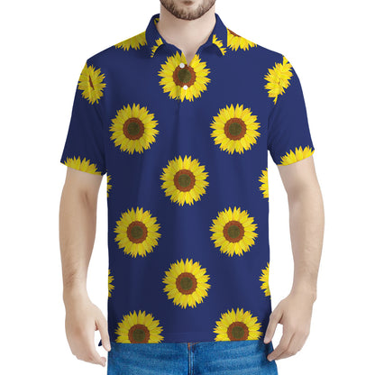 Navy Sunflower Pattern Print Men's Polo Shirt