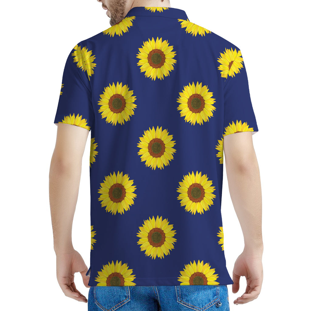 Navy Sunflower Pattern Print Men's Polo Shirt