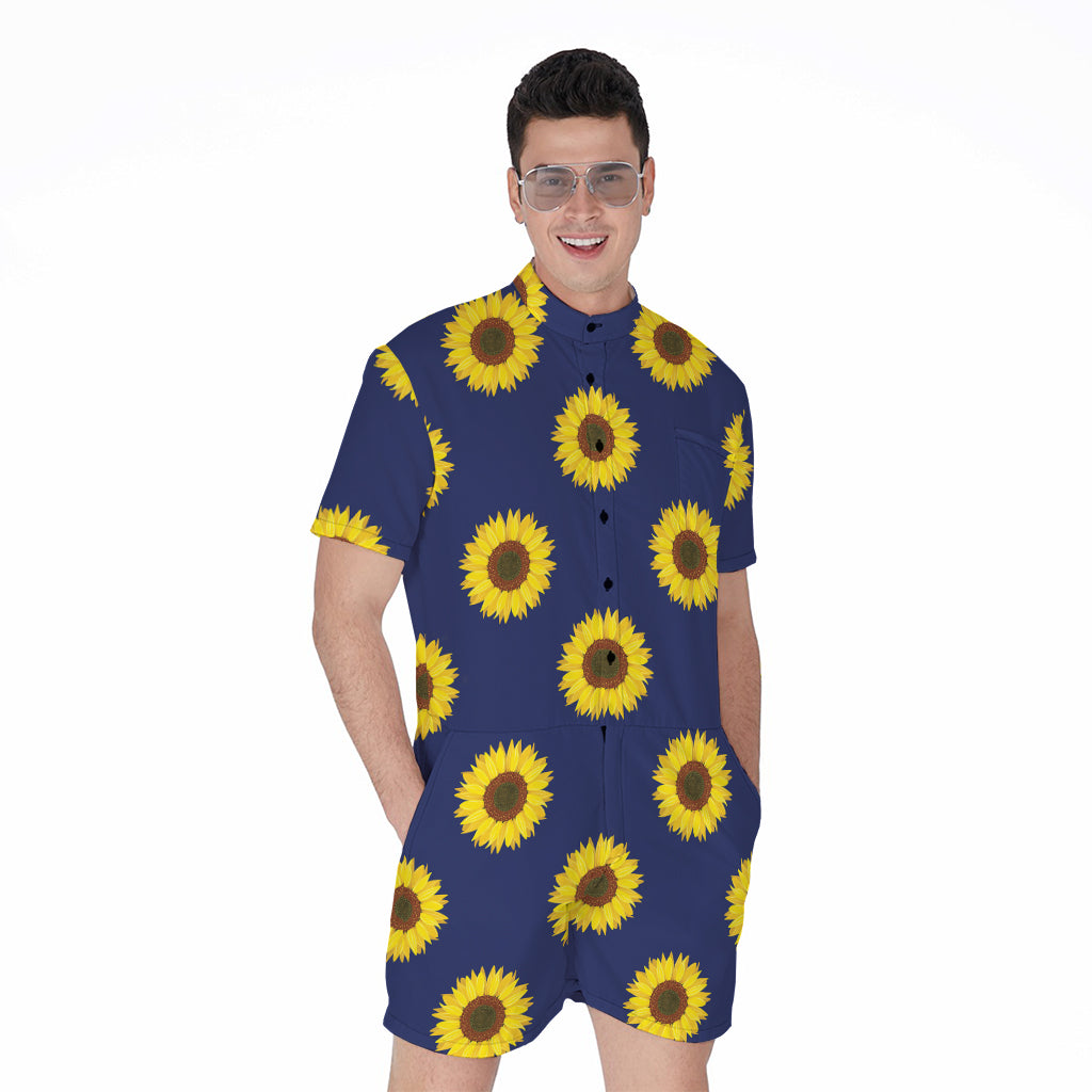 Navy Sunflower Pattern Print Men's Rompers
