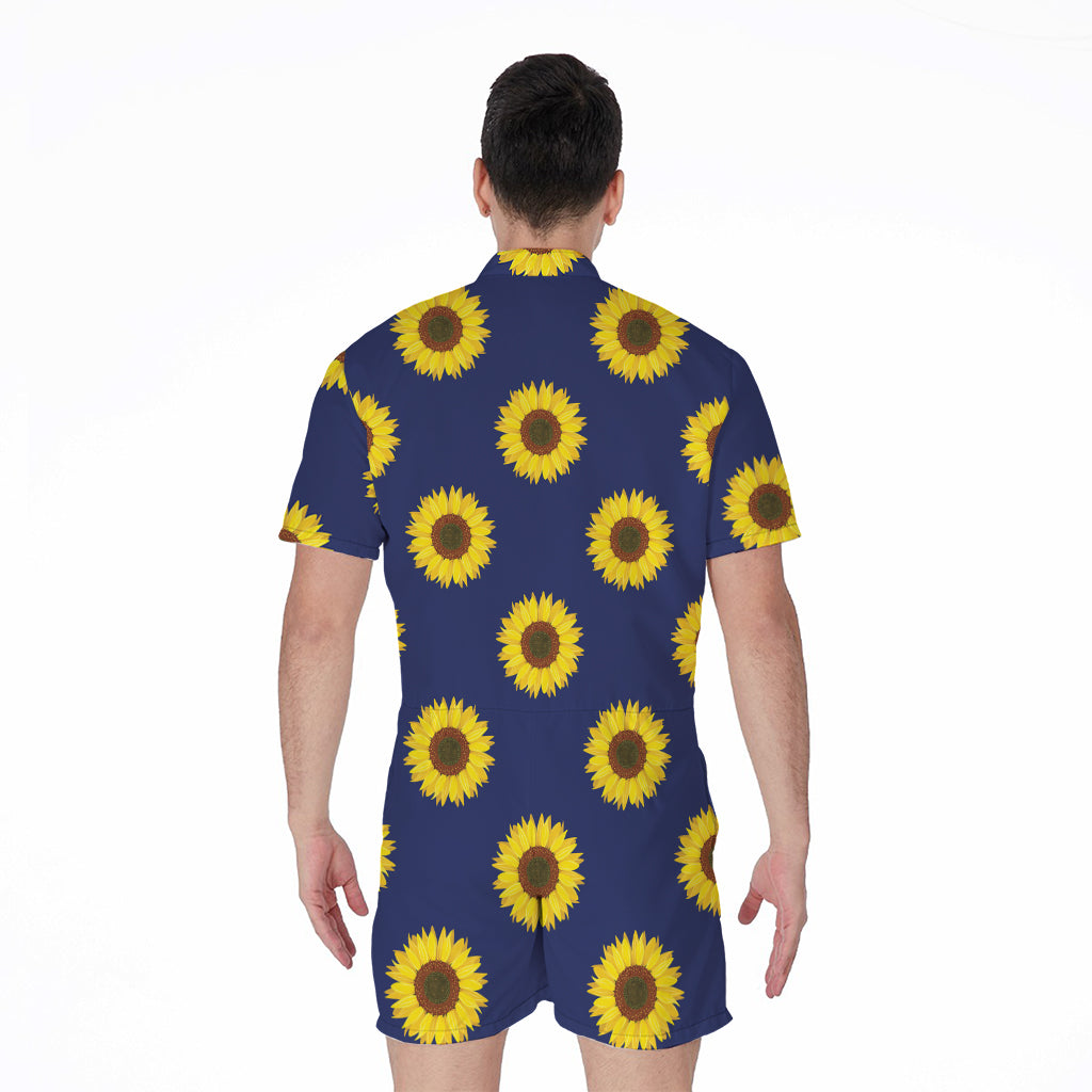 Navy Sunflower Pattern Print Men's Rompers