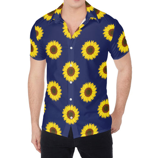 Navy Sunflower Pattern Print Men's Shirt