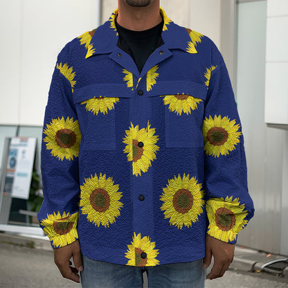Navy Sunflower Pattern Print Men's Shirt Jacket