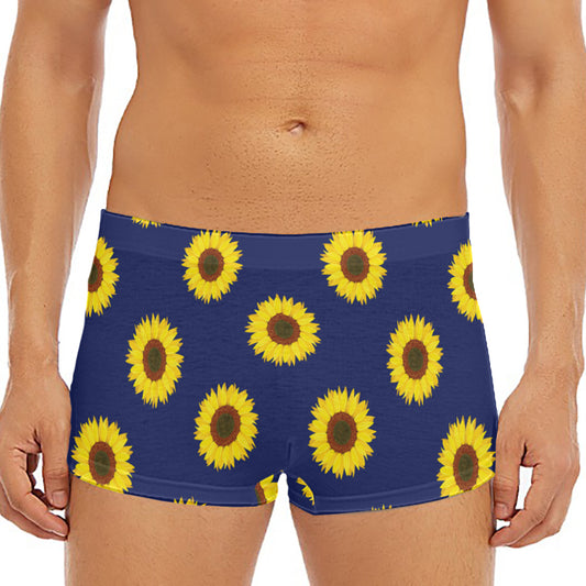 Navy Sunflower Pattern Print Men's Short Boxer Briefs