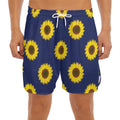 Navy Sunflower Pattern Print Men's Split Running Shorts