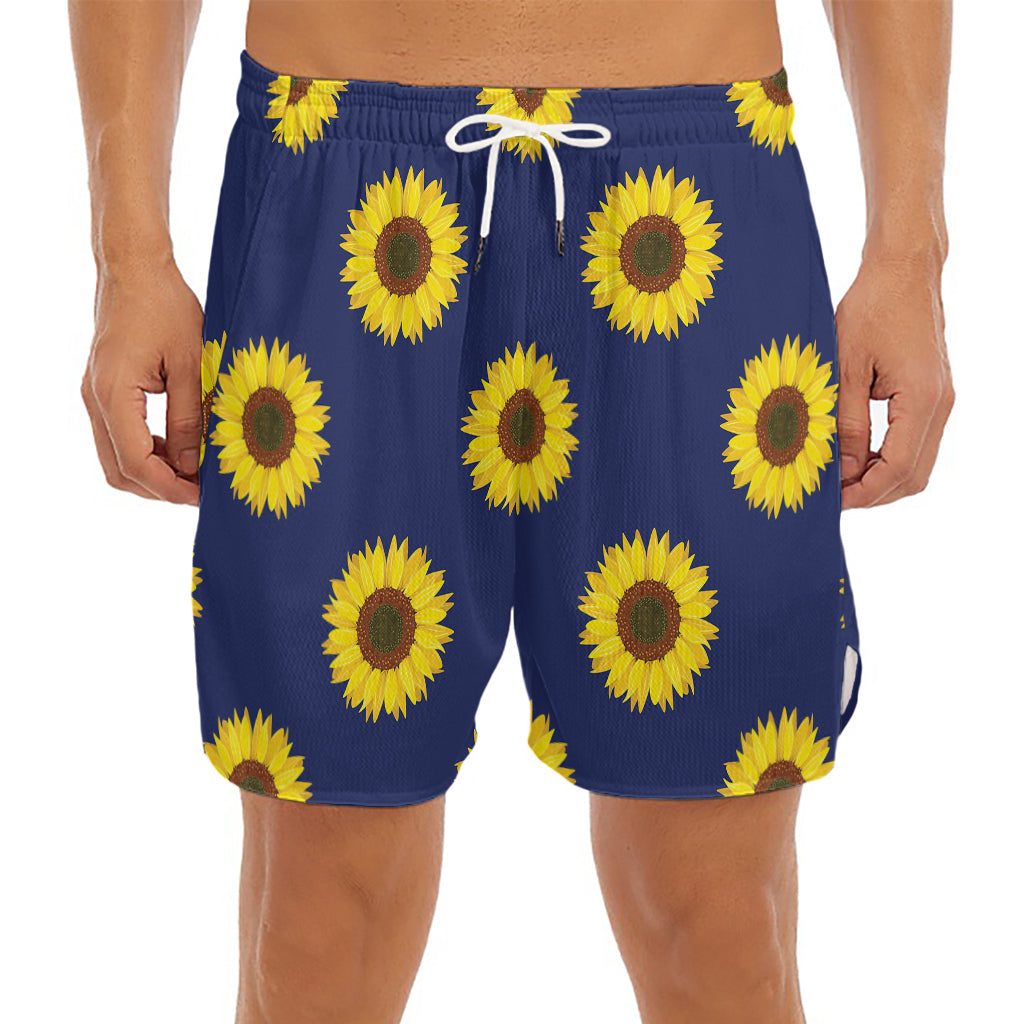 Navy Sunflower Pattern Print Men's Split Running Shorts