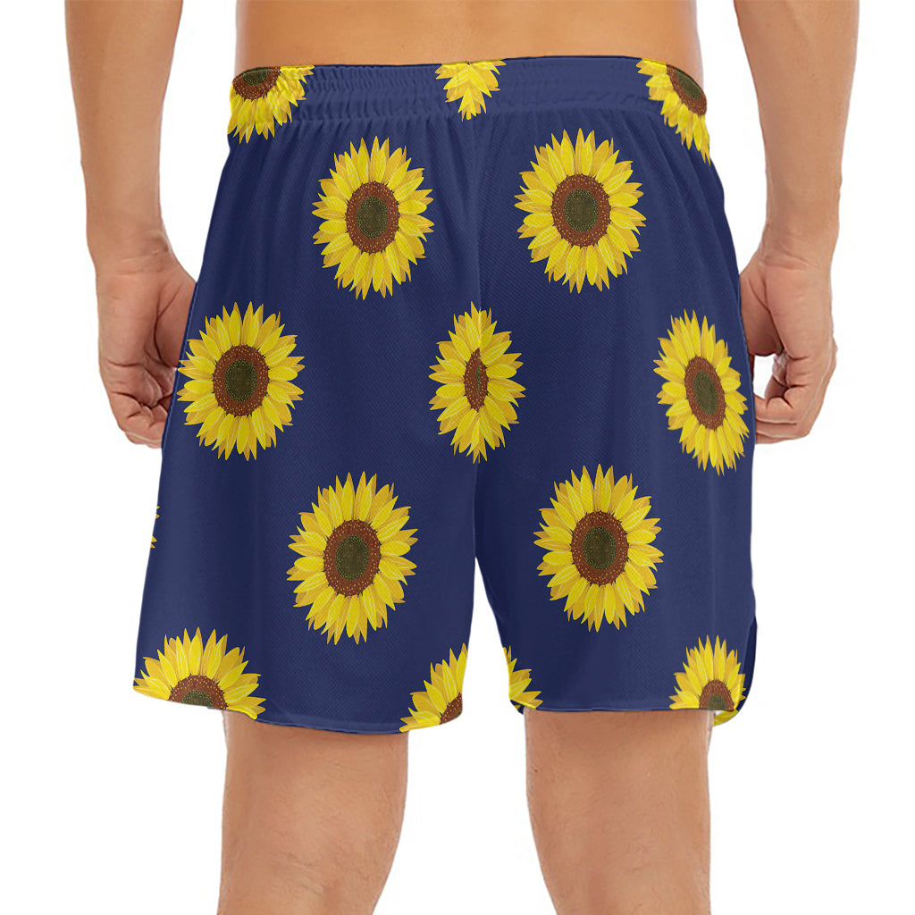 Navy Sunflower Pattern Print Men's Split Running Shorts