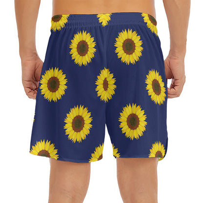 Navy Sunflower Pattern Print Men's Split Running Shorts