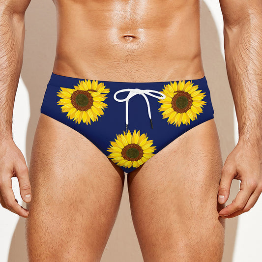 Navy Sunflower Pattern Print Men's Swim Briefs