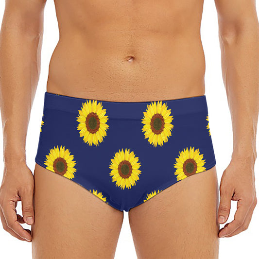 Navy Sunflower Pattern Print Men's Triangle Swim Briefs