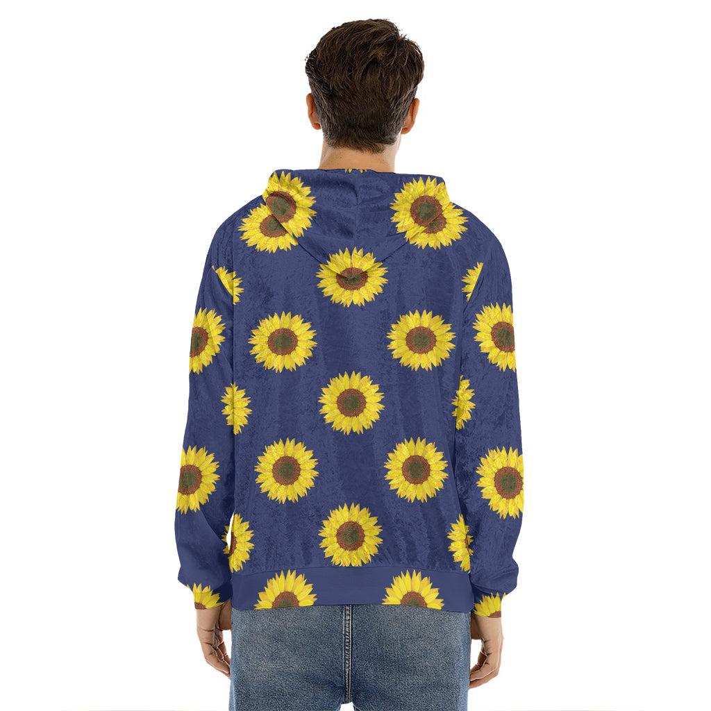 Navy Sunflower Pattern Print Men's Velvet Pullover Hoodie