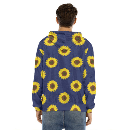 Navy Sunflower Pattern Print Men's Velvet Pullover Hoodie