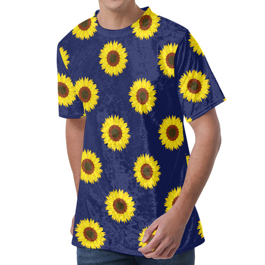 Navy Sunflower Pattern Print Men's Velvet T-Shirt
