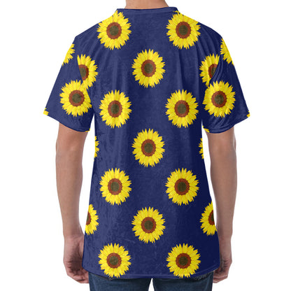 Navy Sunflower Pattern Print Men's Velvet T-Shirt