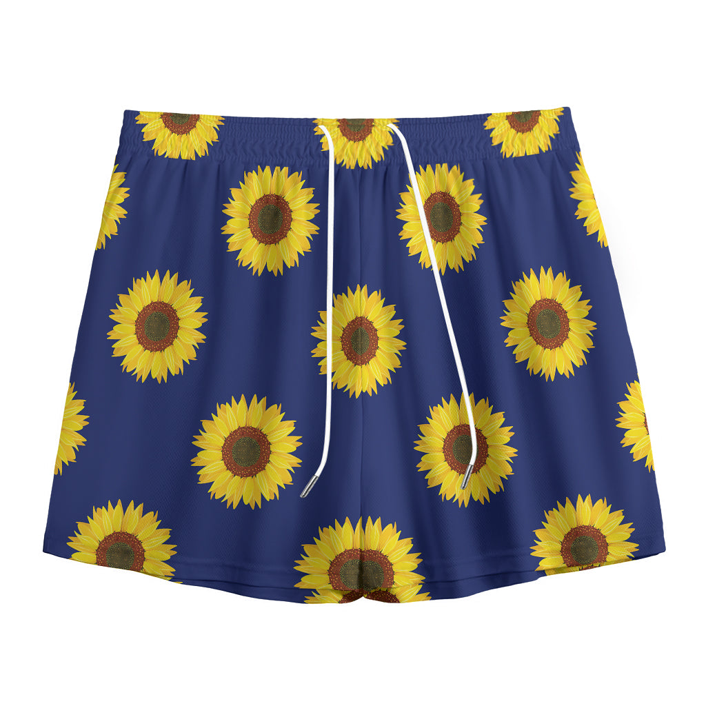 Navy Sunflower Pattern Print Mesh Shorts
