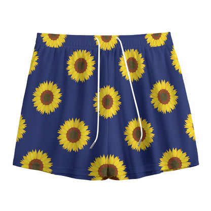 Navy Sunflower Pattern Print Mesh Shorts