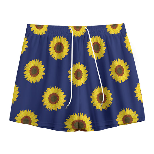 Navy Sunflower Pattern Print Mesh Shorts