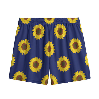 Navy Sunflower Pattern Print Mesh Shorts