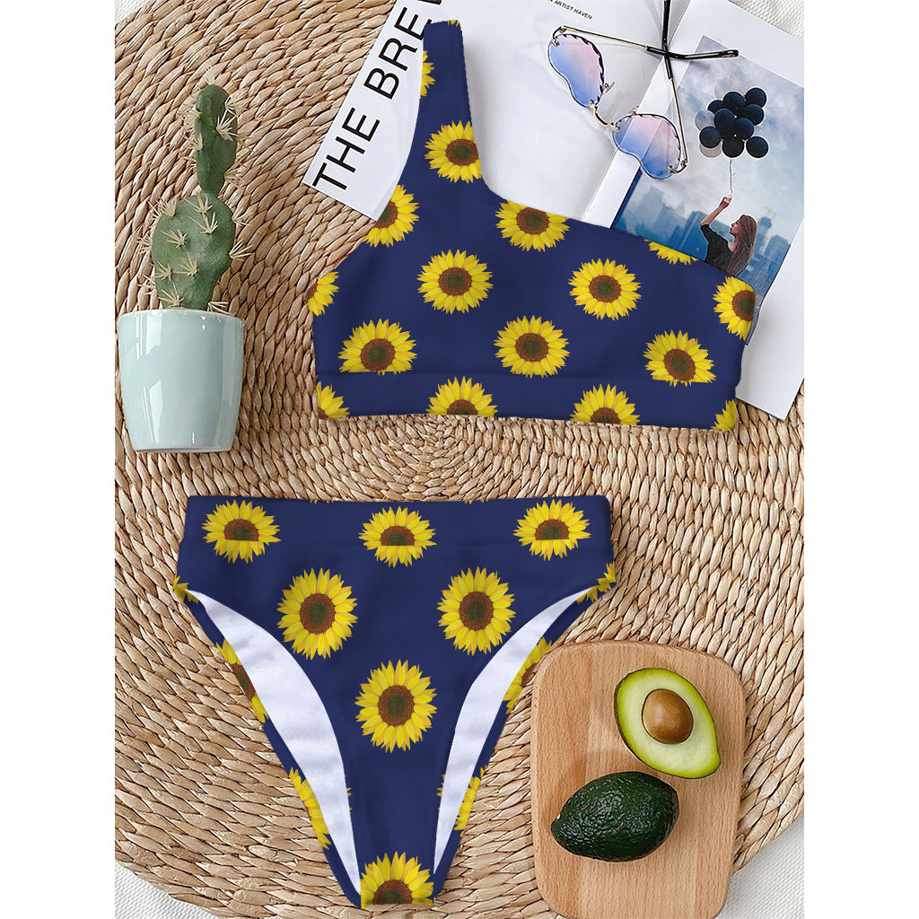 Navy Sunflower Pattern Print One Shoulder Bikini Top