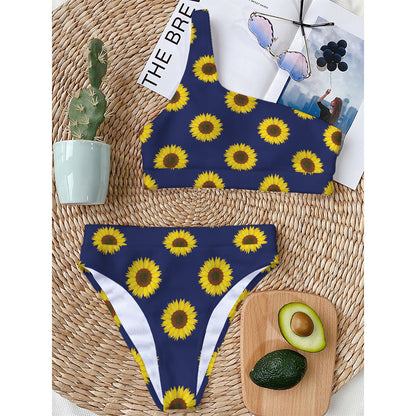 Navy Sunflower Pattern Print One Shoulder Bikini Top