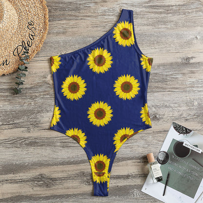 Navy Sunflower Pattern Print One Shoulder Bodysuit
