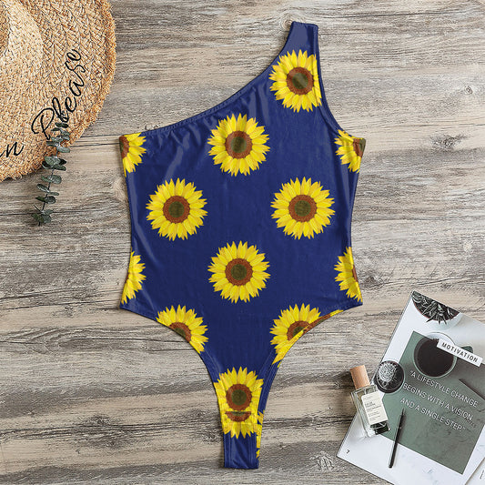 Navy Sunflower Pattern Print One Shoulder Bodysuit