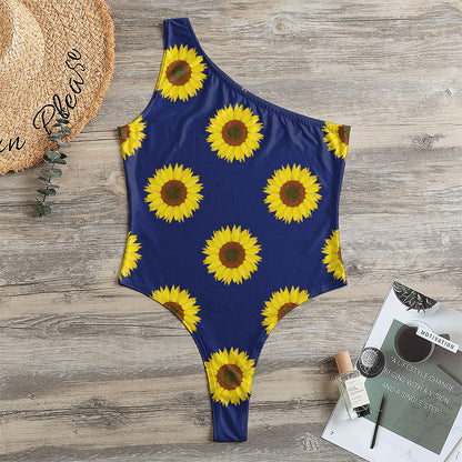 Navy Sunflower Pattern Print One Shoulder Bodysuit
