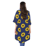 Navy Sunflower Pattern Print Open Front Beach Cover Up