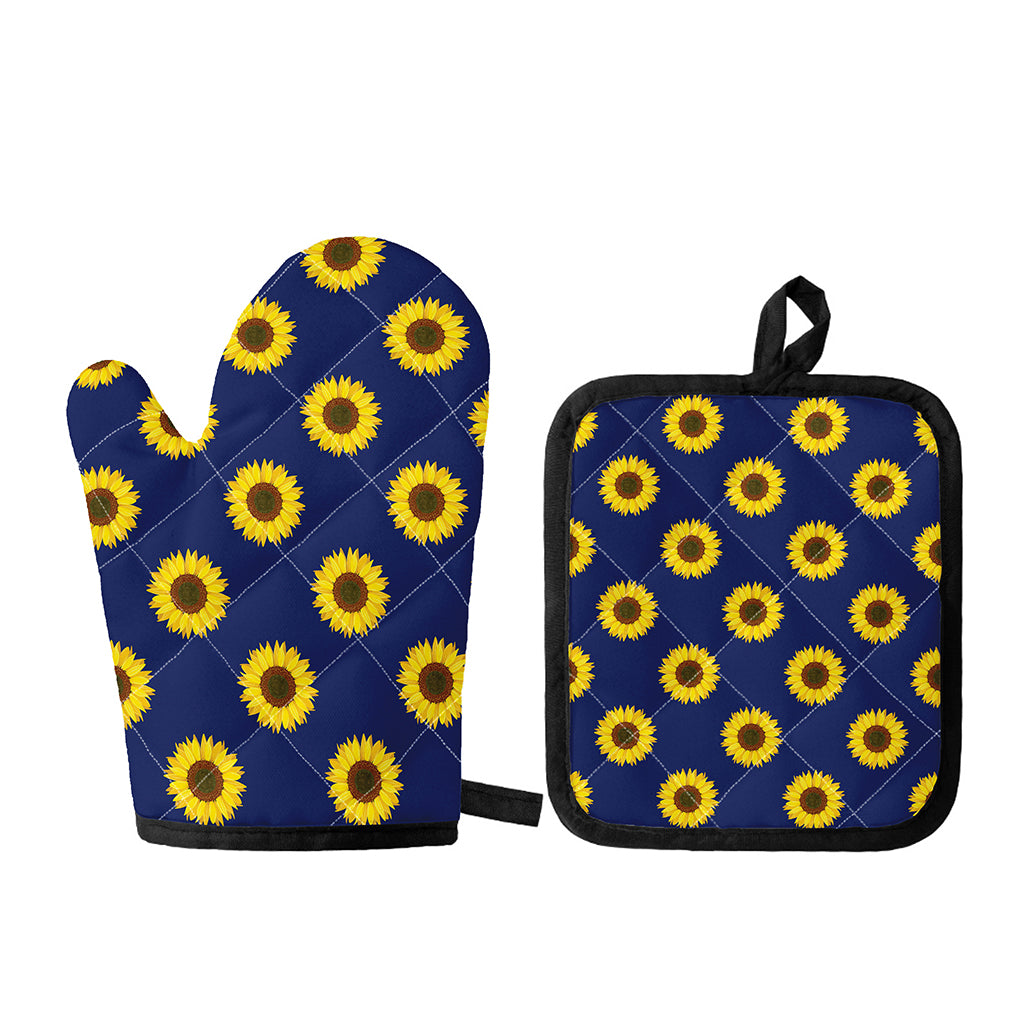 Navy Sunflower Pattern Print Oven Mitt And Pot Holder Set