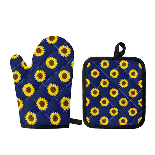 Navy Sunflower Pattern Print Oven Mitt And Pot Holder Set
