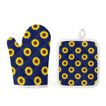 Navy Sunflower Pattern Print Oven Mitt And Pot Holder Set