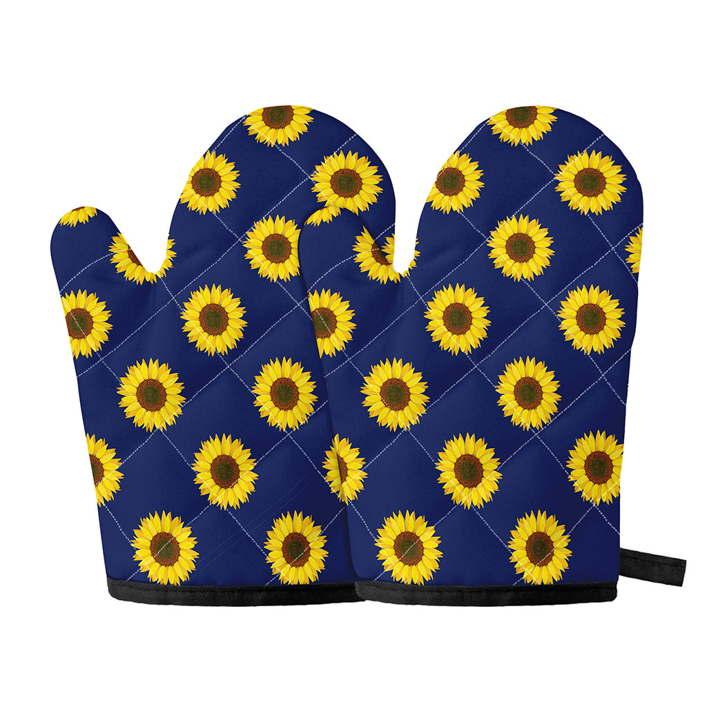 Navy Sunflower Pattern Print Oven Mitts