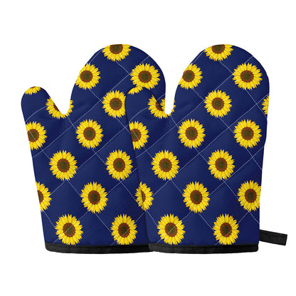Navy Sunflower Pattern Print Oven Mitts