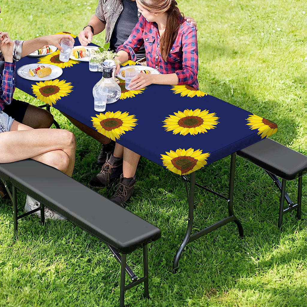 Navy Sunflower Pattern Print Picnic Table Cover