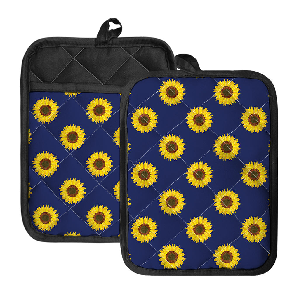 Navy Sunflower Pattern Print Pot Holders With Pocket