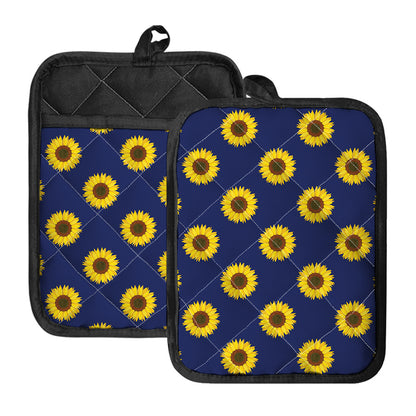 Navy Sunflower Pattern Print Pot Holders With Pocket